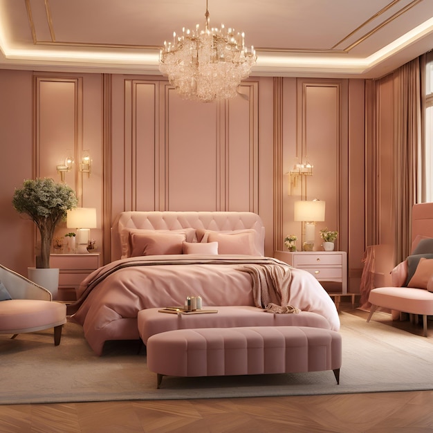Design a 3D rendering of a romantic bedroom scene with soft lighting and elegant decor