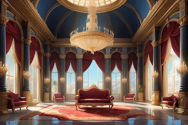 Фото Проектируйте грандиозный и роскошный мультфильм в королевском дворце на заднем плане с великолепным тронным залом