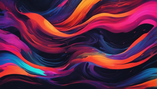 Design an abstract composition featuring vibrant neon hues swirling and undulating like waves