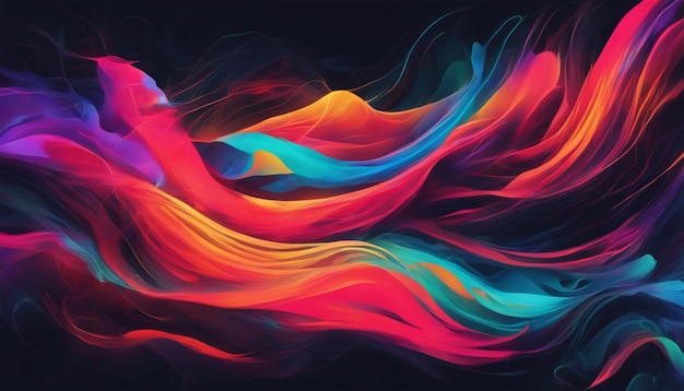 Design an abstract composition featuring vibrant neon hues swirling and undulating like waves