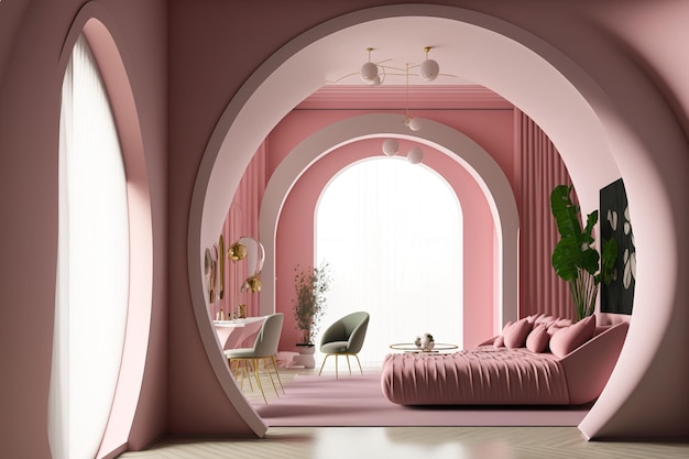 Design of an abstract room Architectural features in the living room and bedroom include a pink tone a round arc a round entrance and a concrete floor