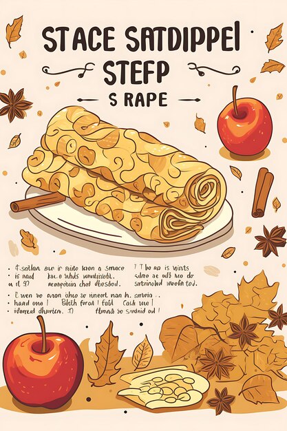 Design of apple strudel menu autumnal golden color with drawings of flat 2d creative art ideas