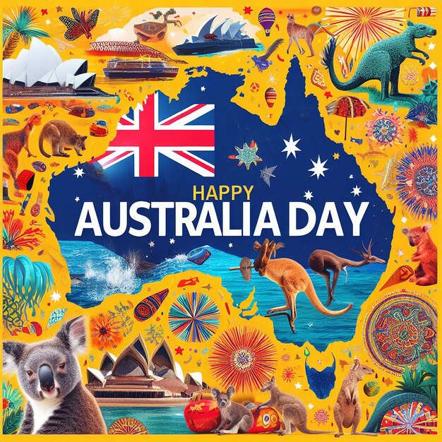 For design of australia day holiday with flag and map of australia