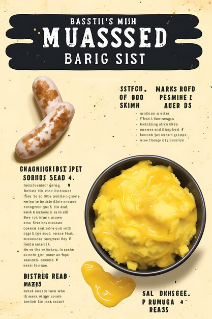 Photo design of bangers and mash menu mustard yellow color with images of flat 2d creative art ideas