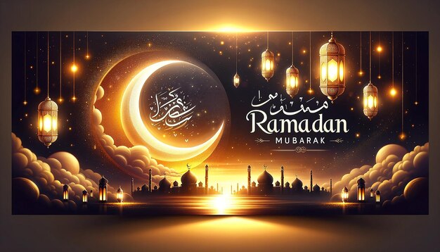 Photo design a beautiful ramadan banner featuring dates traditional lanterns and the crescent moon