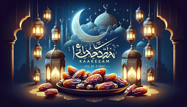 Photo design a beautiful ramadan banner featuring dates traditional lanterns and the crescent moon