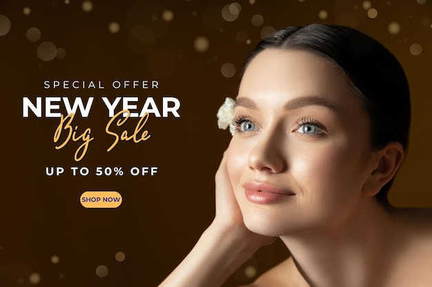 Design for big discounts for the new year with a beautiful girl