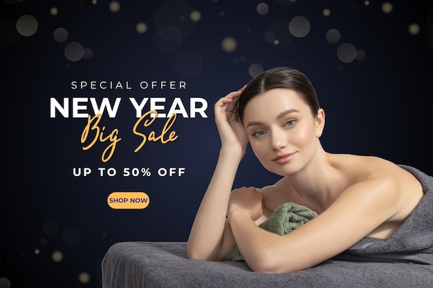 Design for big discounts for the new year with a beautiful girl