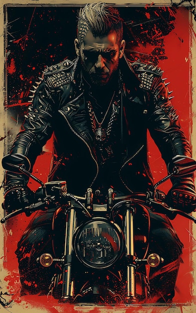 Photo design of biker warrior with studded leather jacket and jet plate crui banner ads poster flyer art