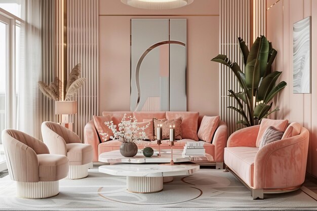 Design Blush Pink Art Deco stijl huis interieur en moderne woonkamer