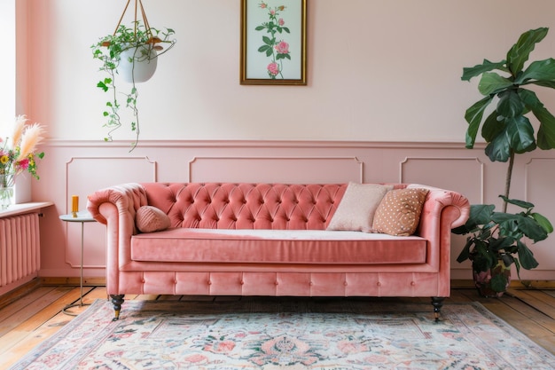블러시 핑크 디자인 빈티지 스타일의 집 인테리어와 현대적인 거실
