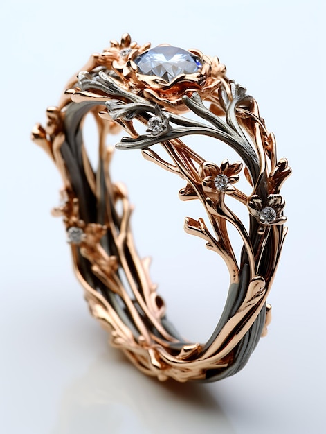 가지 반지의 디자인 자연에서 영감을 받은 반지 구리 가지 산화 된 고립 된 개념 아이디어 예술