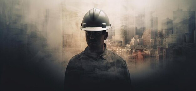 design business model concept with construction worker in the style of double exposure