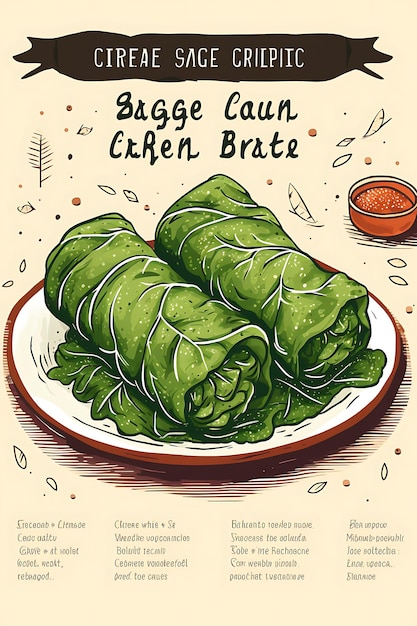 Design of cabbage rolls menu deep green color with sketches of rolle flat 2d creative art ideas