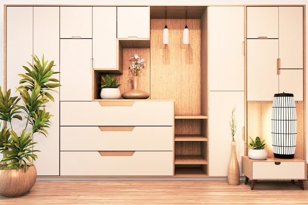 Design Cabinet shelf wooden japanese style on Empty room minimal .3D rendering