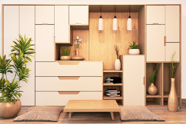 Дизайн полки шкафа деревянный японский стиль на пустой комнате минимальный .3D рендеринг