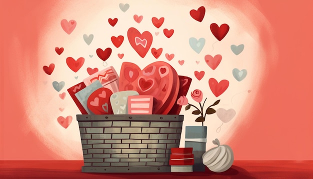 Проектируйте открытку с корзиной, наполненной любовными подарками, окруженными сердцами и романтическим кубком. Создайте открытое пространство для личного выражения любви.