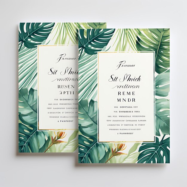 Photo design of caribbean palm leaf wedding invitation card leaf shape textu 2d art flat clipart typo