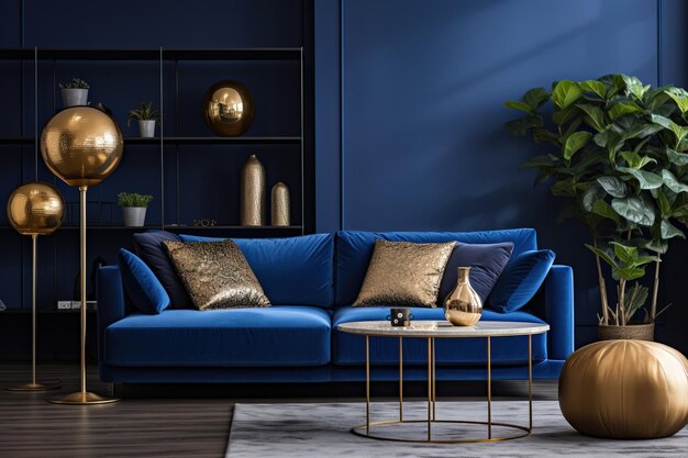 Дизайн шикарной современной гостиной с голубым бархатным диваном, пуфом, столом в золотом цвете.