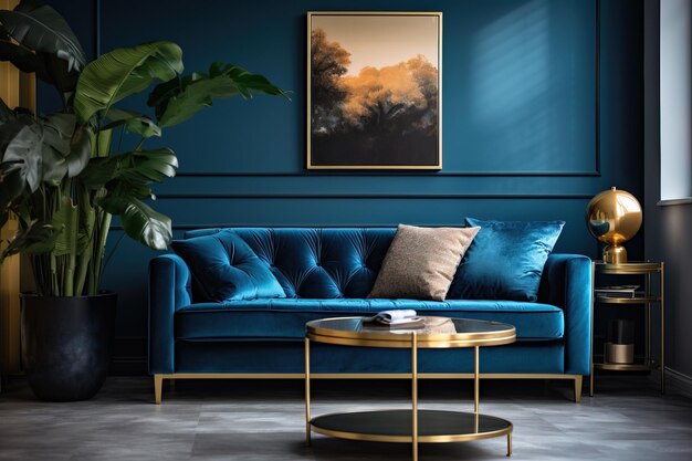 Дизайн шикарной современной гостиной с голубым бархатным диваном, пуфом, столом в золотом цвете.