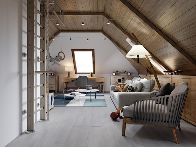 屋根裏部屋のティーンエイジャーのための子供部屋のデザインはロフトスタイルで、天井は木で縁取られ、壁は白です。 3Dレンダリング。