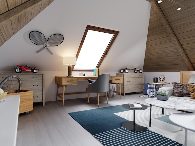 The design of the children\'s room for the teenager on the attic\
is in the loft style, the ceiling is hemmed with wood and the walls\
are white. 3d rendering.