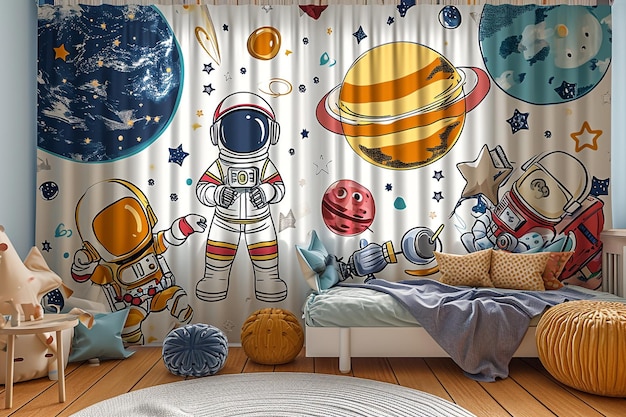 Photo design childrens room curtains in the style of astronauts and cosmic