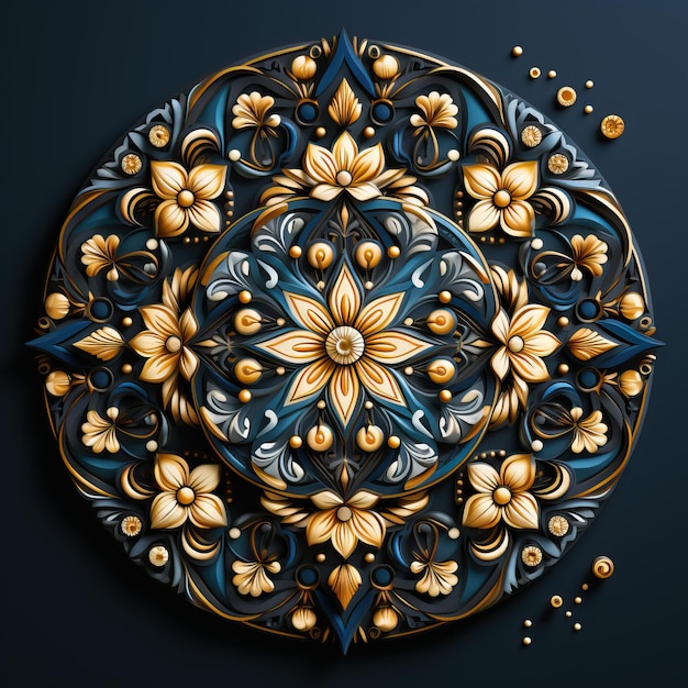 a design of a circle with gold and blue flowers.