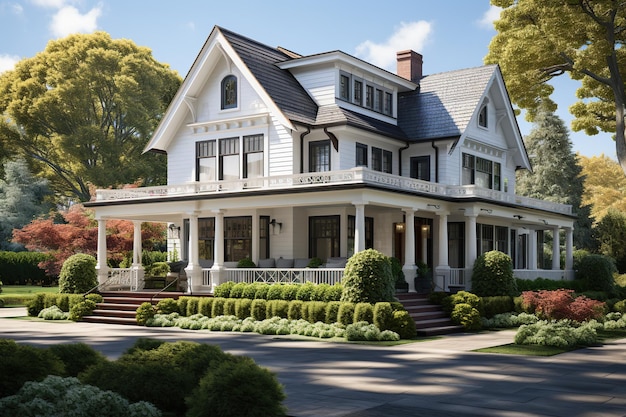 対称的なファサードの急勾配の屋根を特徴とする古典的なアメリカン コロニアル様式の住宅をデザインします。