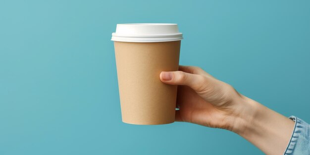 Design of a coffee cup with a lid an empty cardboard template that a girl holds in her hands blue background