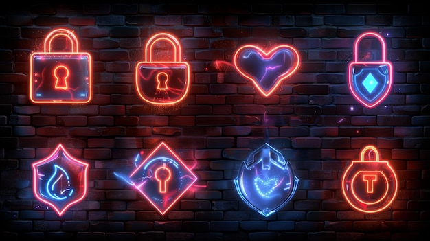 Photo design a collection of neon cybersecurity symbols including illuminated lock