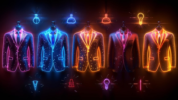 照らされたスーツを含むネオンプロフェッショナリズムシンボルのコレクションをデザイン