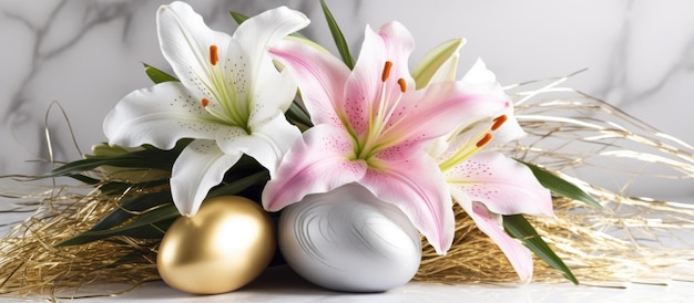 Foto il concetto di design prevede uova di pasqua dorate e argentate poste in un nido accanto a un giglio rosa