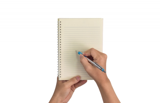 Design concept, Hand with pen writing blank in a notebook isolated