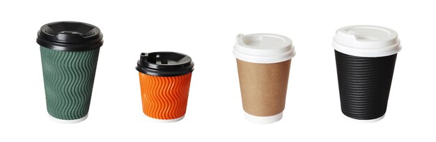 Concetto di design della tazza di caffè mockup impostato su isolato su priorità bassa bianca. copia spazio per testo e logo. tracciato di ritaglio incluso isolato su sfondo bianco.