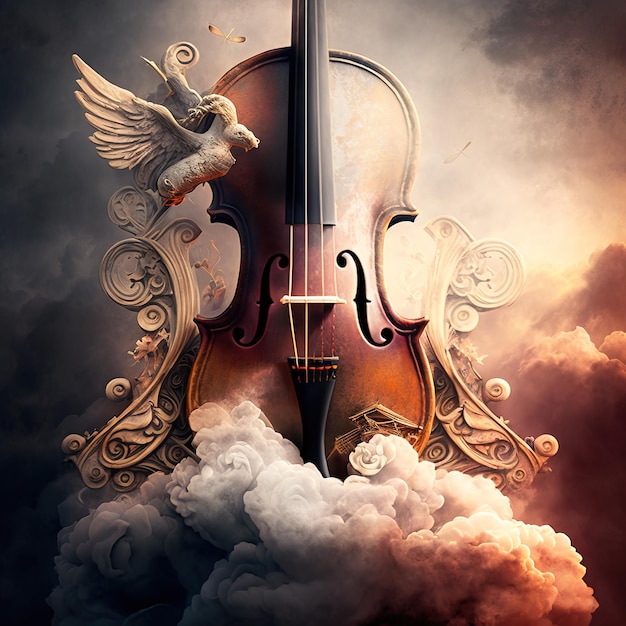 Design concept of a music in heave with a violin with in the clouds