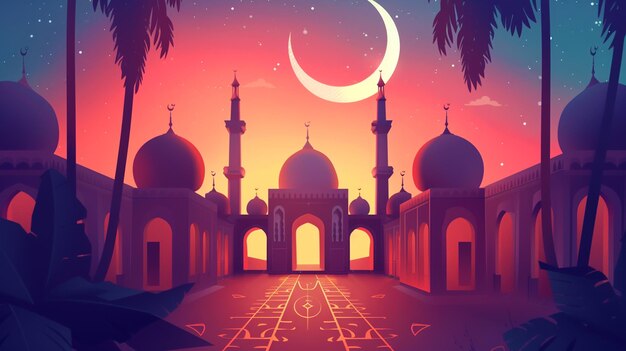 Фото Концепция дизайна фестиваля ид аль-фитр декоративный приветственный баннер силуэт мечети в ночном небе