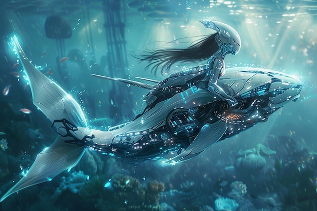 Design a concept of a robotic mermaid with cyberne generative ai