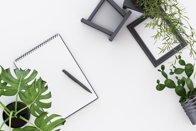 Photo design concept top view of white a4 flipped paper with black clipboard potted plant cactus frame and pen on white background 3d rendering