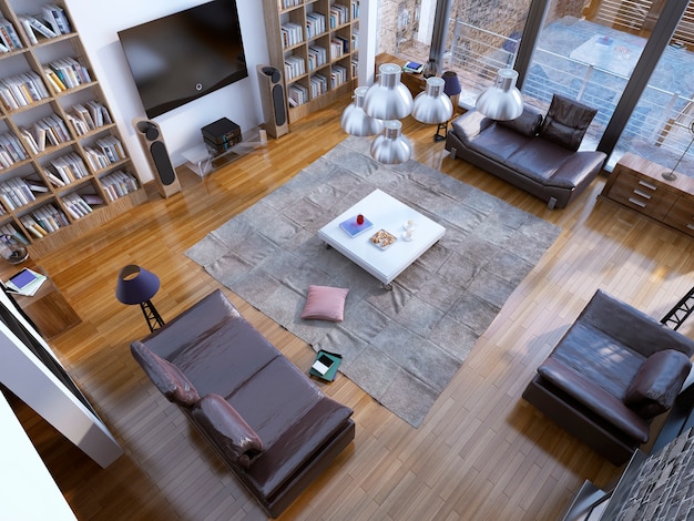 Design of contemporary living room with home library and white low table on the center.