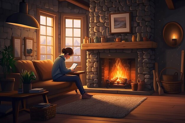 Design a cozy scene of a person working near a fireplace