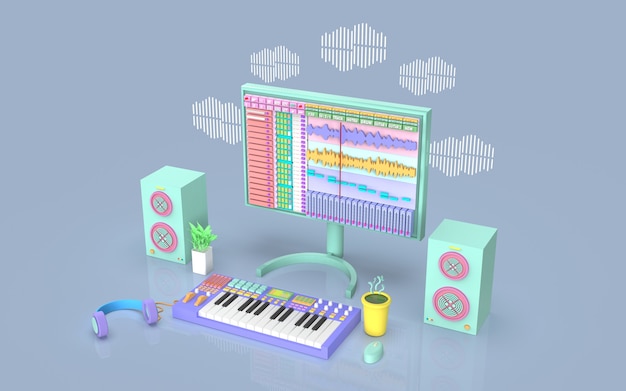 Design cute studio music recording illustration set with  sound audio production arranger