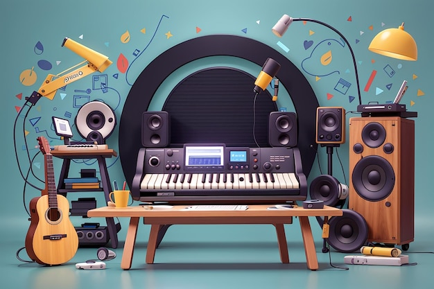 Design cute studio music recording illustration set with table and sound audio production arranger