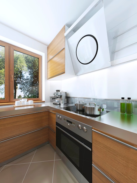 Дизайнерское решение кухонного оборудования, вытяжки и духового шкафа с варочной панелью.