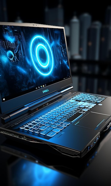 Photo design of dell g7 gaming laptop packaging with a bold black box blue l web layout poster flyer art