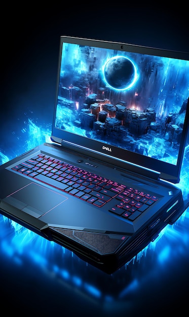 Photo design of dell g7 gaming laptop packaging with a bold black box blue l web layout poster flyer art