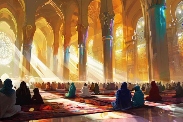 イスラム教徒がモスクの礼拝堂に集まっているデジタルアートワークをデザインする