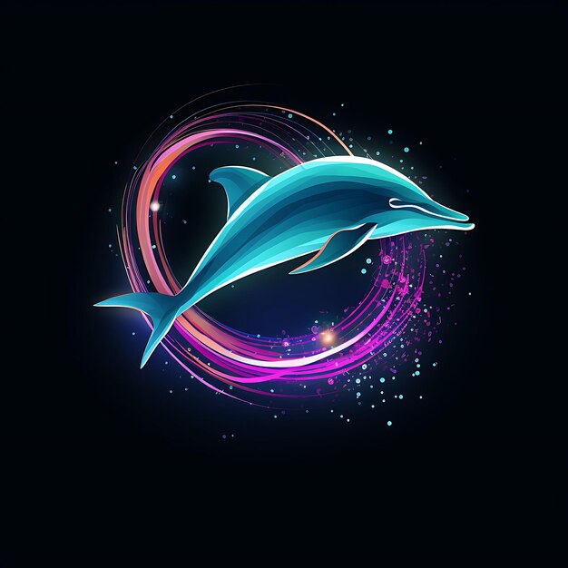 Design of dolphin ocean blue spiraling neon lines coral reef curved fi clipart tshirt design glow