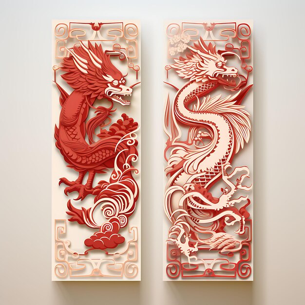 Design of dragon and phoenix invitation card rectangular shape silk pa 2d art flat clipart typo