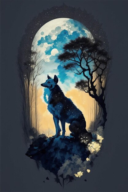 Photo design drawing for tshirt hyena in forest under moonlight image illustration